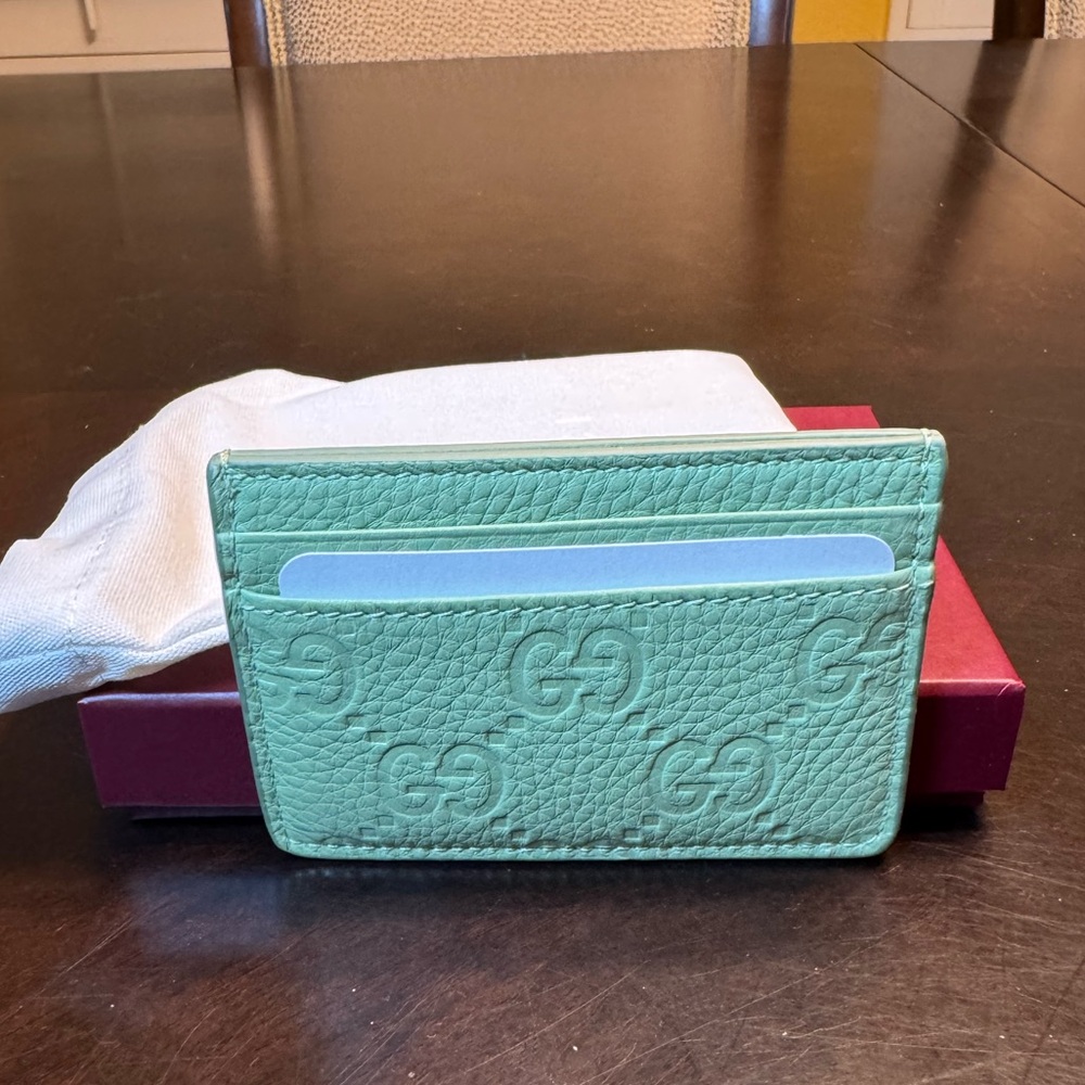 New Authentic Gucci GG Logo Card Case Walllet Green Leather - Picture 5 of 10